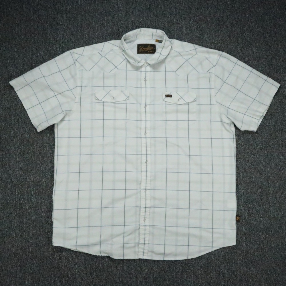 Howler Brothers Shirt Mens XL White Blue Plaid H Bar B Tech Snap Short Sleeve